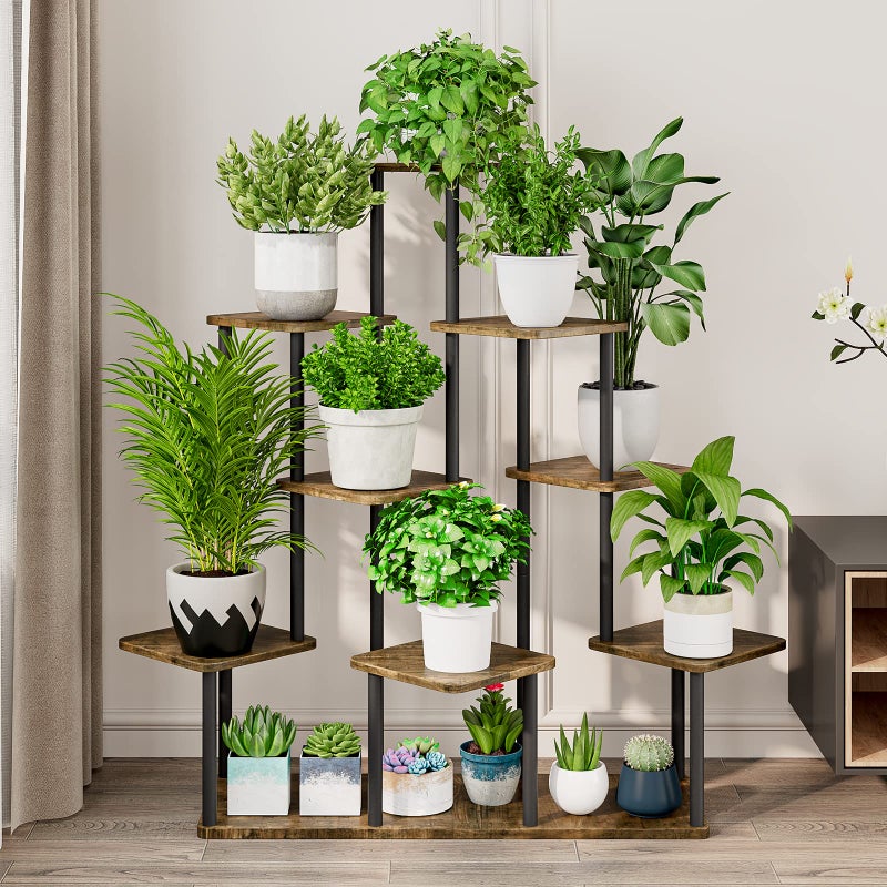 AZERPIAN Plant Stand 9 Tier Indoor Metal Flower Shelf for Multiple Plants Corner Tall Flower Holders for Patio Garden Living Room Balcony Bedroom, Black+Rustic Brown - Image 3