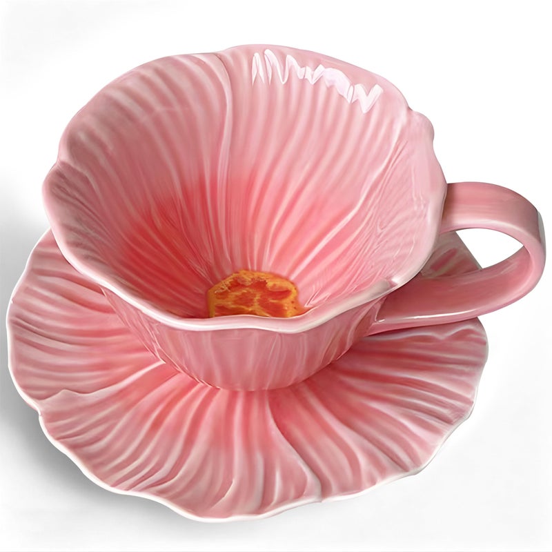 JUSONEY 10 oz Tea Cups and Saucers, Ceramic Flower-shaped Cappuccino Cup, Latte Cup and Saucer set, elegant floral Espresso Cup set, cups are microwave and dishwasher safe-Pink - Image 1