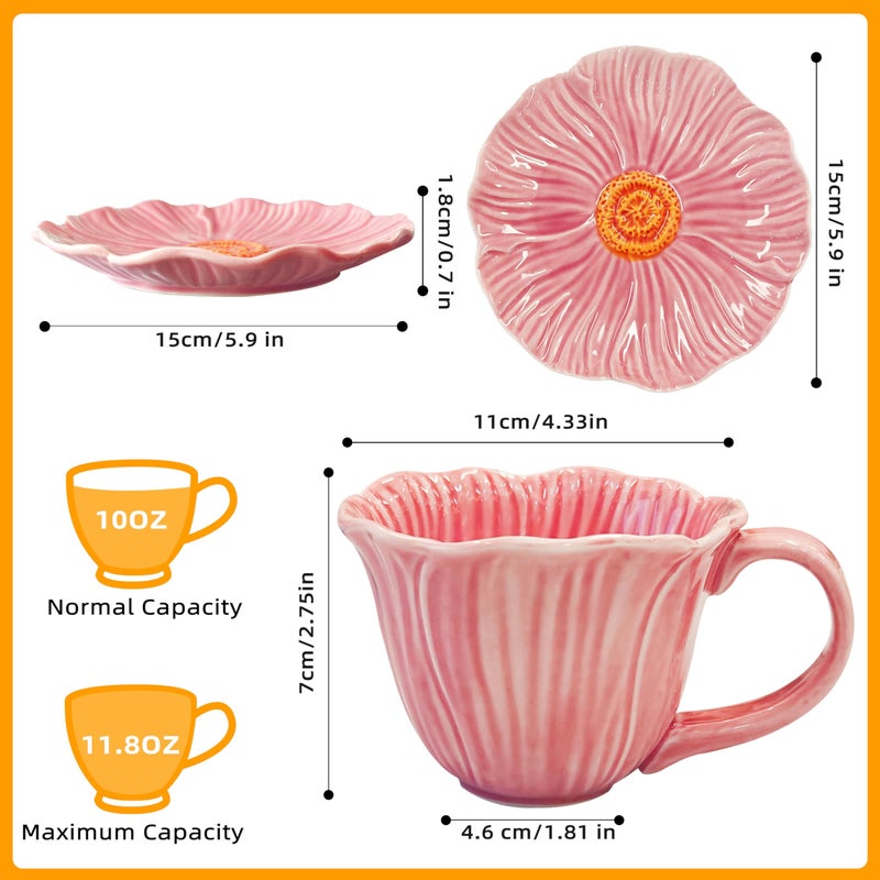JUSONEY 10 oz Tea Cups and Saucers, Ceramic Flower-shaped Cappuccino Cup, Latte Cup and Saucer set, elegant floral Espresso Cup set, cups are microwave and dishwasher safe-Pink - Image 2