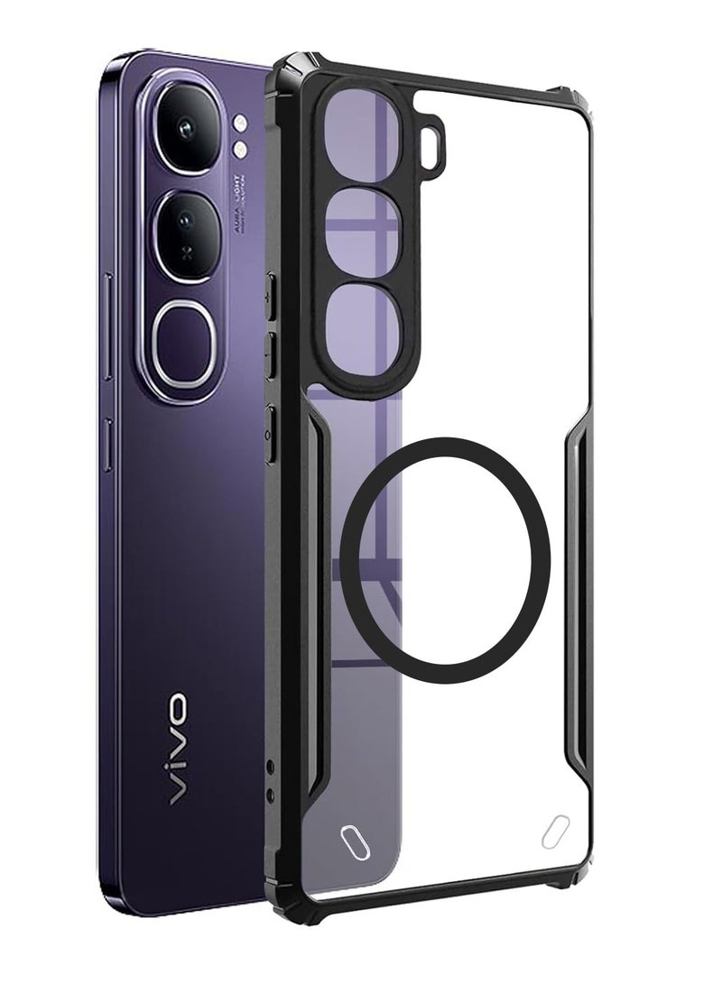 Techie غطاء Vivo V40 Lite 5G - غطاء TPU مع حماية الكاميرا مضاد للاصفرار خلفية شفافة مقاومة للصدمات زوايا وسادة هوائية وحلقة معدنية مغناطيسية دعم - أسود شفاف - Image 2