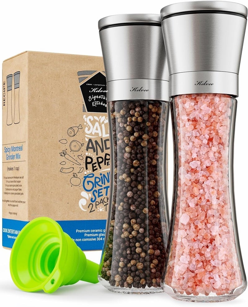 KELVEE Premium Stainless Steel Sea Salt and Pepper Grinder Set of 2 - Ceramic Blades, Adjustable Coarseness, Refillable Tall Glass Salt and Pepper Shakers - Kitchen Spice Mill (Mannual Pack of 2) - Image 1