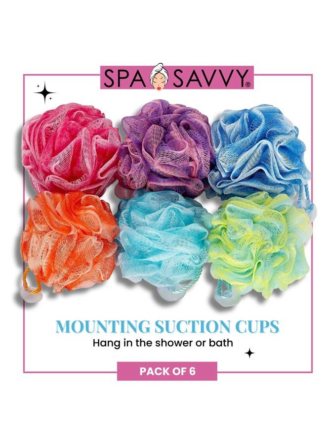 Spa Savvy Bath Loofah Set, Pack of 6 Shower Body Sponges with Suction Cups for Men and Women, Exfoliating Pouf Bath Accessories, Multicolor - Image 3
