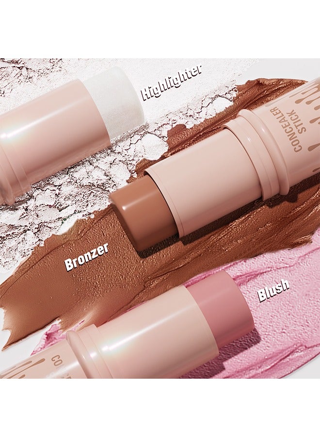 HelloKiss 3 Colors Combination Concealer Sticks Kit, Contour Highlighter Blush Makeup Set Blusher Bronzer Highlighting Sticks For Cheek Long Lasting Smooth Natural Face Contouring Illuminator - Image 3