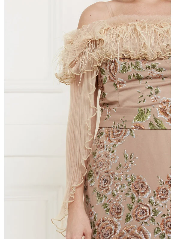 امري Feather Trim Bardot Dress with Pleated Cape Sleeves