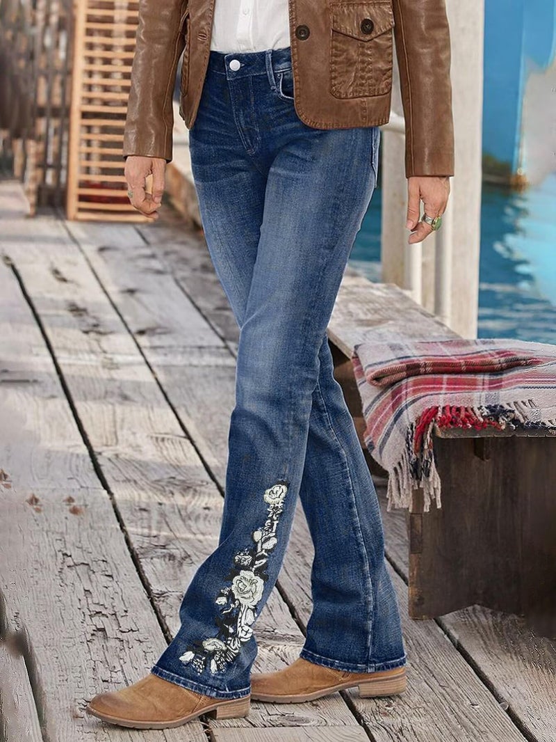 Flamingals Women's Floral Embroidery Mid Waist High Stretch Bootcut Jeans with Pockets Navy Wash Blue XL - Image 2