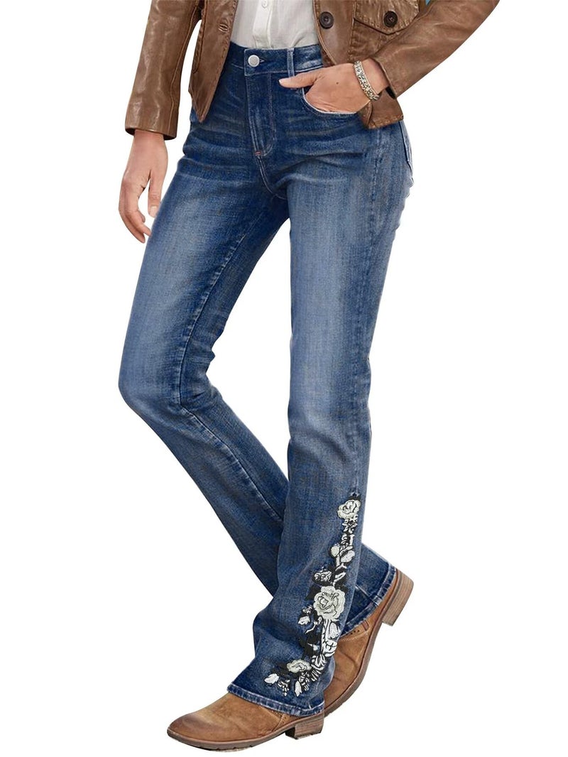 Flamingals Women's Floral Embroidery Mid Waist High Stretch Bootcut Jeans with Pockets Navy Wash Blue XL - Image 1