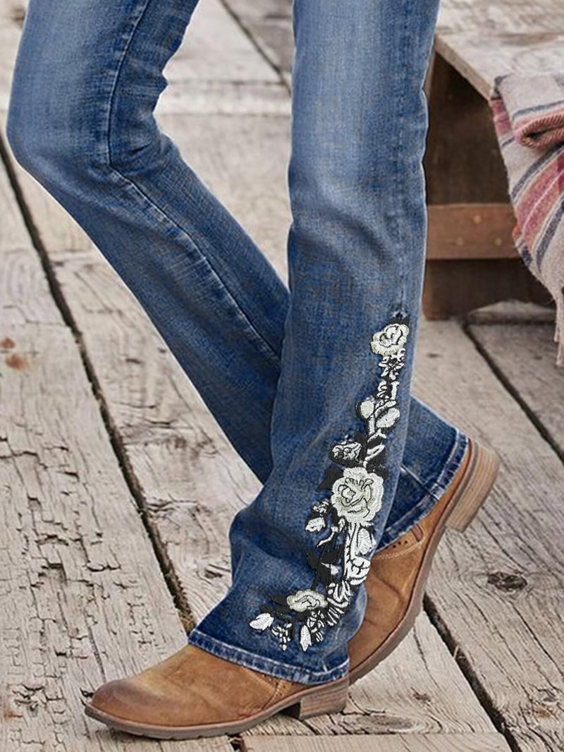 Flamingals Women's Floral Embroidery Mid Waist High Stretch Bootcut Jeans with Pockets Navy Wash Blue XL - Image 4