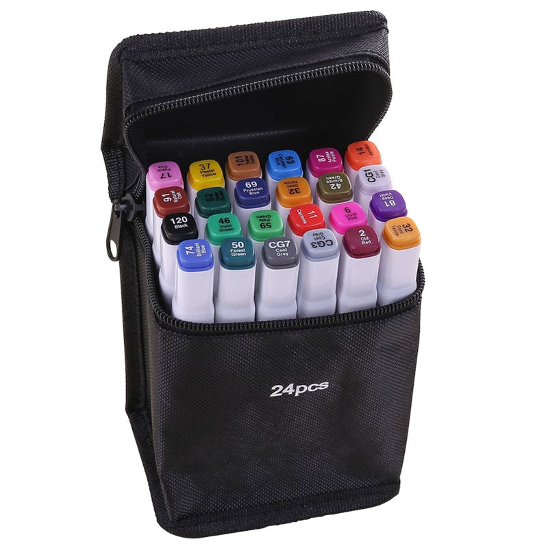 Art Markers 24 Vibrant Color Set - Double-Ended Quick-Drying Smear-Proof Waterproof Markers With Color-Coded Caps & Storage Bag for Comic Design Architectural Rendering Travel - Image 1