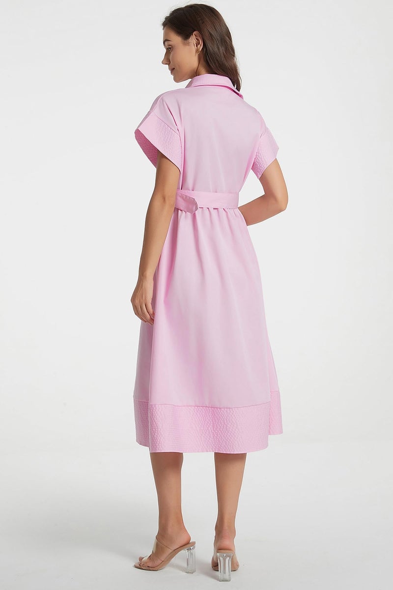 Ladyful Women Casual Button Down Shirt Dress Short Wing Sleeve Buiness Midi Shirt Dress with Belt Elegant Dress Pink - Image 3