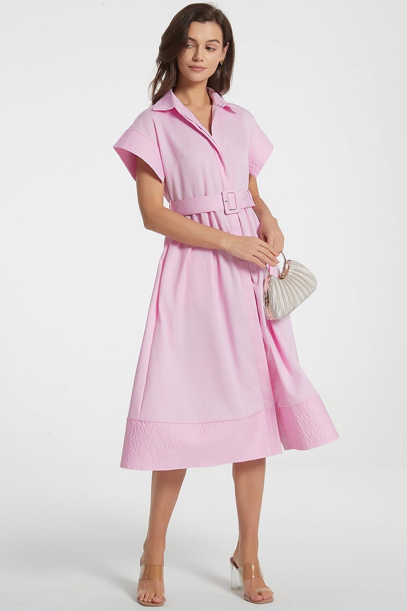 Ladyful Women Casual Button Down Shirt Dress Short Wing Sleeve Buiness Midi Shirt Dress with Belt Elegant Dress Pink - Image 4
