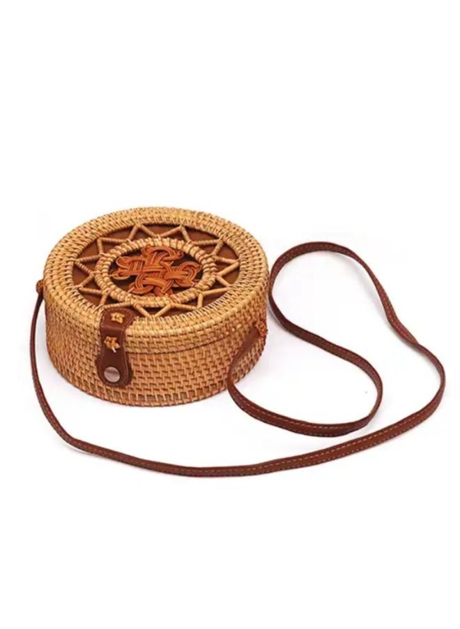 Hand made Round Rattan Bag for Women - Ladies Handmade Straw Bags - Trendy Wicker Purse with Brown Circle Design - Stylish Crossbody Bags for Fashionable  Vibes for Girls - Image 1