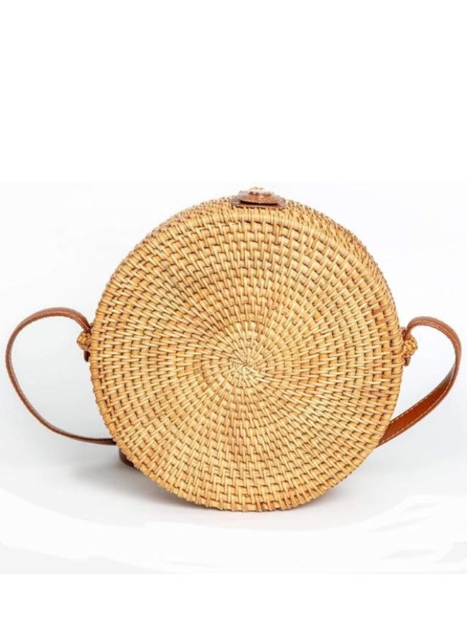 Hand made Round Rattan Bag for Women - Ladies Handmade Straw Bags - Trendy Wicker Purse with Brown Circle Design - Stylish Crossbody Bags for Fashionable  Vibes for Girls - Image 2