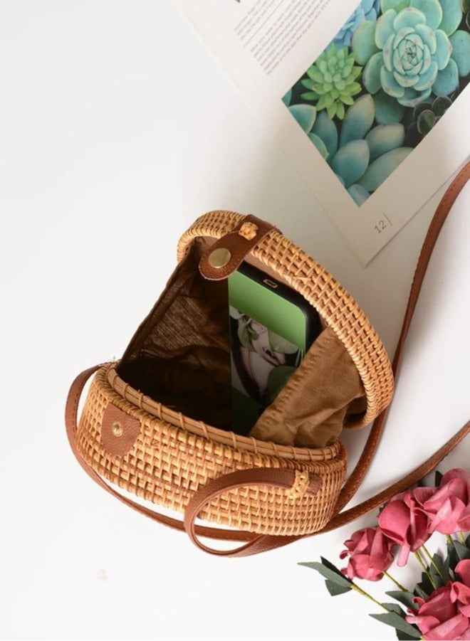 Hand made Round Rattan Bag for Women - Ladies Handmade Straw Bags - Trendy Wicker Purse with Brown Circle Design - Stylish Crossbody Bags for Fashionable  Vibes for Girls - Image 3