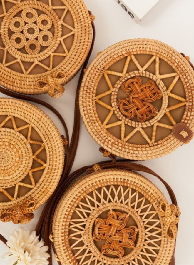 Hand made Round Rattan Bag for Women - Ladies Handmade Straw Bags - Trendy Wicker Purse with Brown Circle Design - Stylish Crossbody Bags for Fashionable  Vibes for Girls - Image 4