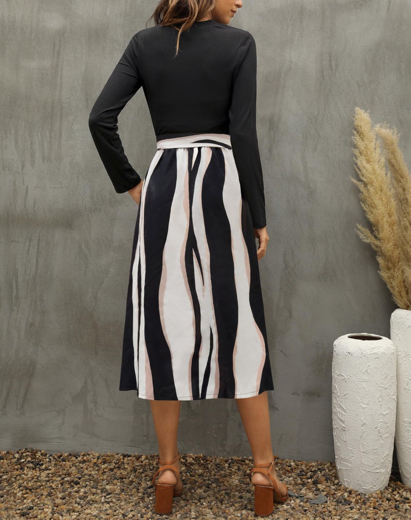 Zattcas 2026 Long Sleeve Spring Fall Dresses for Women Ribbed Teacher Church Modest Business Casual Work Outfits Midi Dress Blackstipe XL - Image 3