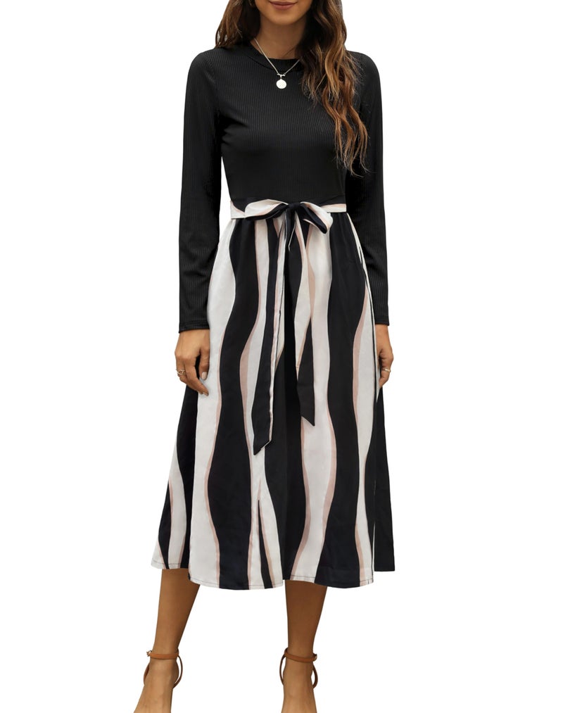 Zattcas 2026 Long Sleeve Spring Fall Dresses for Women Ribbed Teacher Church Modest Business Casual Work Outfits Midi Dress Blackstipe XL - Image 1