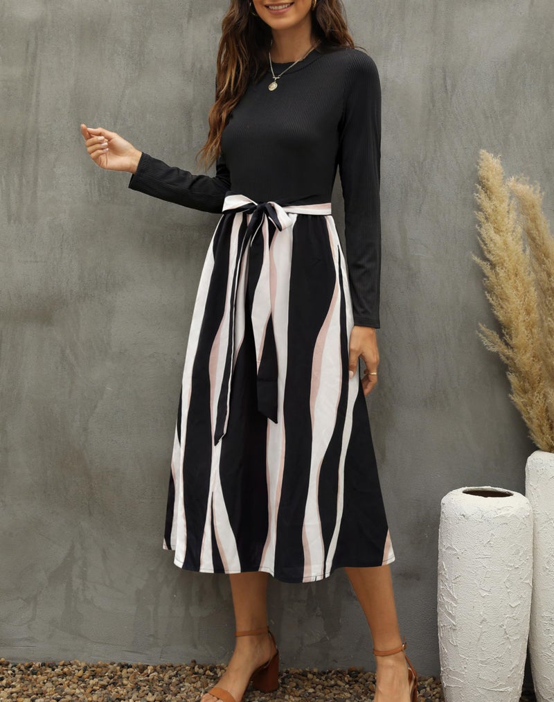 Zattcas 2026 Long Sleeve Spring Fall Dresses for Women Ribbed Teacher Church Modest Business Casual Work Outfits Midi Dress Blackstipe XL - Image 4