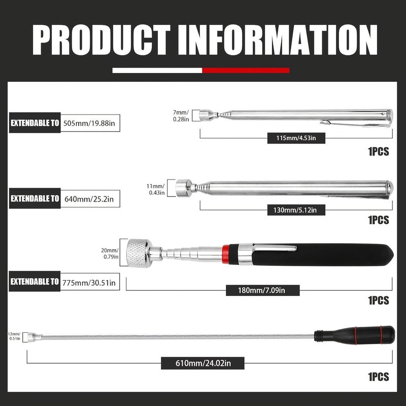 Upgraded Four-Piece Set Heavy Duty Telescoping Magnetic Pickup Tool with Adjustable Length for Retrieving Nuts Bolts Screws and Metal Debris - Image 3