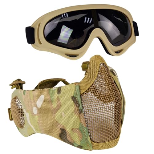 AOUTACC Airsoft Protective Gear Set, Half Face Mesh Mask with Ear Protection and Tactical Goggles for Adult Men Women BBS Paintball Shooting CS Survival Games Cosplay (MC02) - Image 1