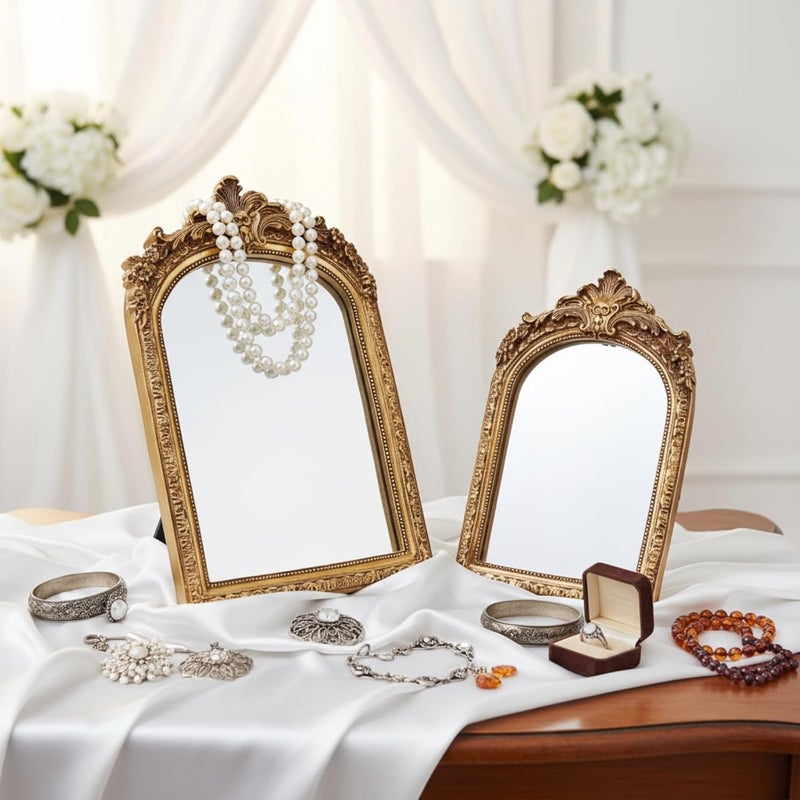 2 قطعة من مرايا الحائط الذهبية الصغيرة ذات الطراز العتيق، بأبعاد 10 × 7 بوصة و8.5 × 5.5 بوصة، مصنوعة من الراتنج بلون الذهب العتيق على طراز باروك، مرايا زخرفية للطاولات أو للتعليق على الطاولات. - Image 4