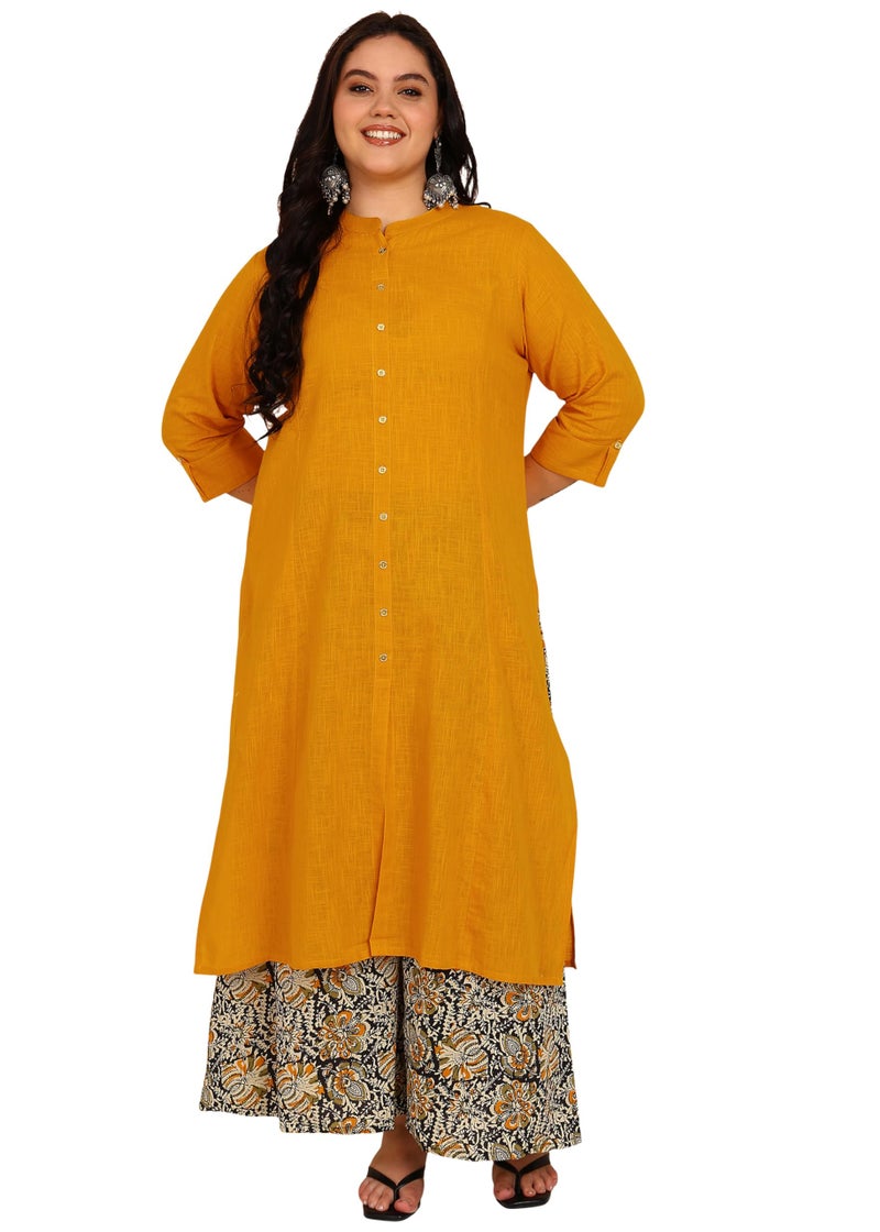 Yash Gallery Women’s Mustard Yellow Solid Kurta with Printed Palazzo |Ethnic Kurta Set with Front Button Placket, 3/4th Sleeves & Comfortable Cotton Fabric - Image 1