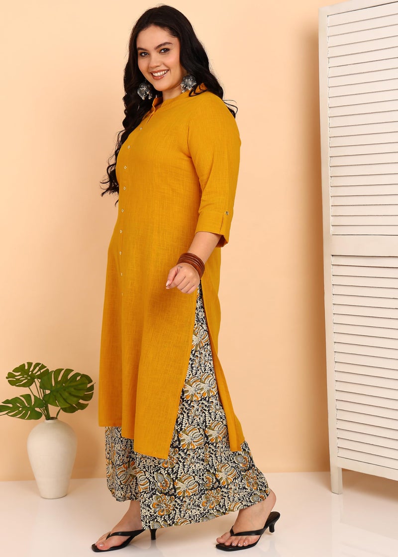 Yash Gallery Women’s Mustard Yellow Solid Kurta with Printed Palazzo |Ethnic Kurta Set with Front Button Placket, 3/4th Sleeves & Comfortable Cotton Fabric - Image 3