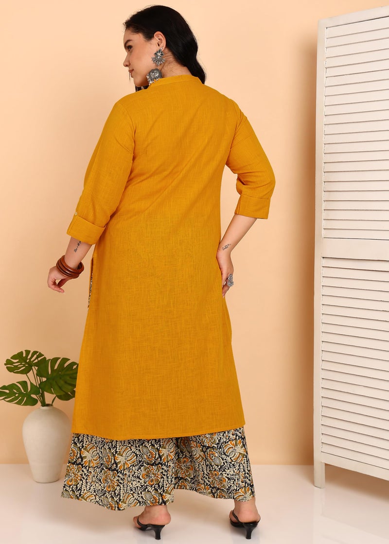 Yash Gallery Women’s Mustard Yellow Solid Kurta with Printed Palazzo |Ethnic Kurta Set with Front Button Placket, 3/4th Sleeves & Comfortable Cotton Fabric - Image 4