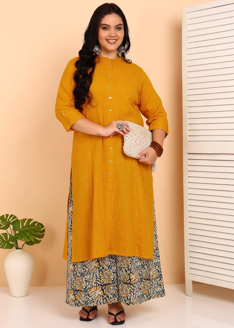 Yash Gallery Women’s Mustard Yellow Solid Kurta with Printed Palazzo |Ethnic Kurta Set with Front Button Placket, 3/4th Sleeves & Comfortable Cotton Fabric - Image 2