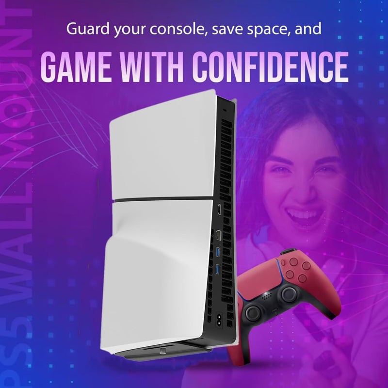 BANGCHEER حامل حائط ألومنيوم لجهاز PlayStation 5 Slim الإصدار الرقمي وإصدار الأقراص، حامل حائط لـ PS5-Slim، حامل رف موفر للمساحة لـ PS5 Slim (أسود) - Image 2