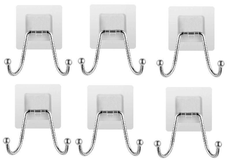 VIHAX Self Adhesive Hooks Waterproof and Rustproof Wall Hooks for Hanging Heavy Duty, Stainless Steel Towel and Coats Hooks to use Inside Kitchen, Bathroom, Home and Office (Double Hooks, 6pcs) - Image 1