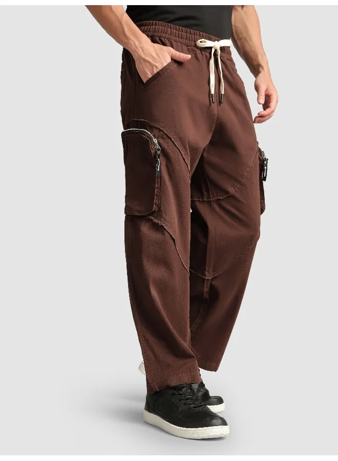 Beyoung Caramel Brown Raw Edge 3D Pocket Cargo Pants