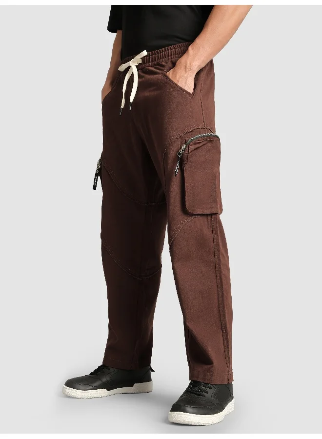 Beyoung Caramel Brown Raw Edge 3D Pocket Cargo Pants