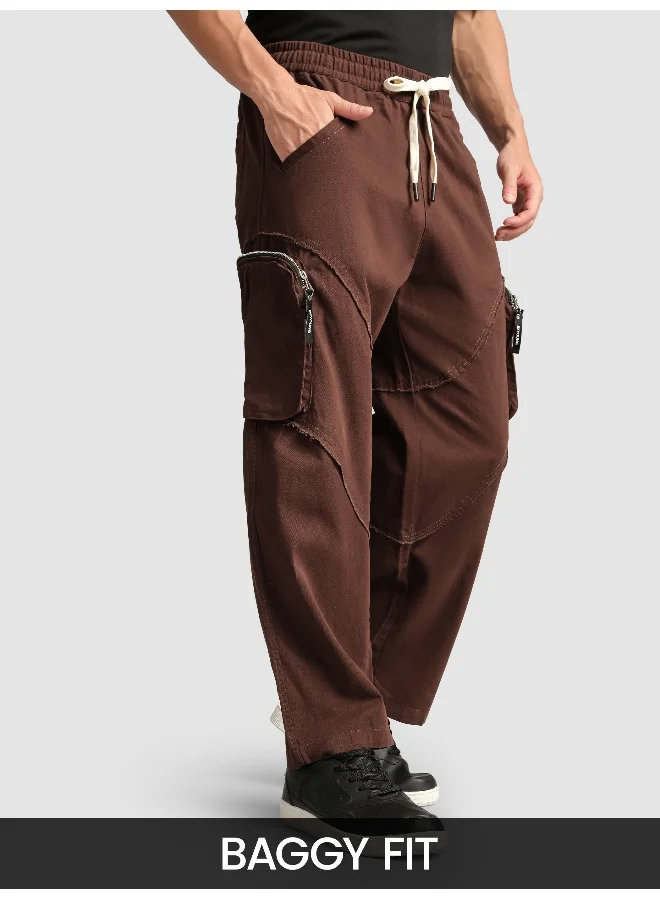 Beyoung Caramel Brown Raw Edge 3D Pocket Cargo Pants