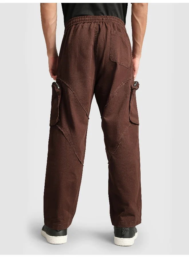 Beyoung Caramel Brown Raw Edge 3D Pocket Cargo Pants