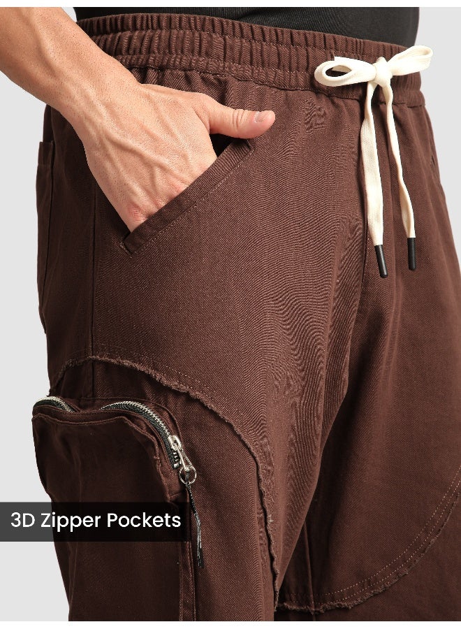 Beyoung Caramel Brown Raw Edge 3D Pocket Cargo Pants  - Image 3