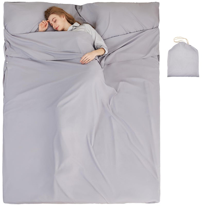 RHINSBENF Sleeping Bag Liner Camping Adult Sleep Sack Lightweight Travel Sheet for Hotel Bed Compact Ultralight Essential Cleaning Supplies Kit Travel Bedding Set for Backpacking (Gray & Double) - Image 1
