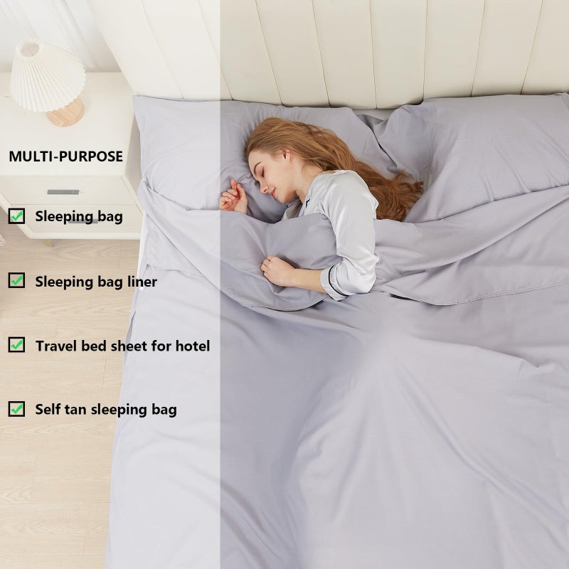 RHINSBENF Sleeping Bag Liner Camping Adult Sleep Sack Lightweight Travel Sheet for Hotel Bed Compact Ultralight Essential Cleaning Supplies Kit Travel Bedding Set for Backpacking (Gray & Double) - Image 5