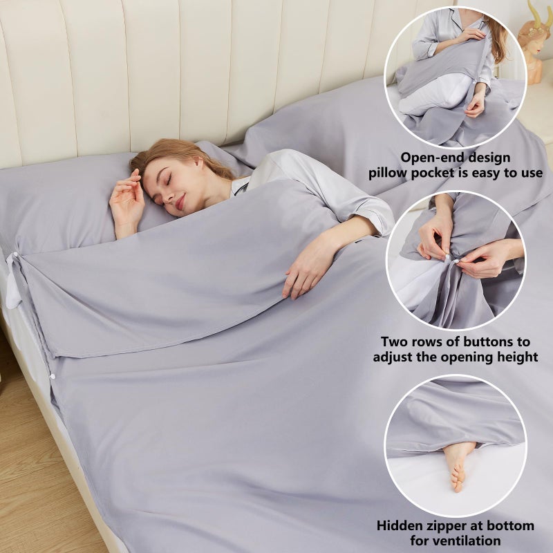 RHINSBENF Sleeping Bag Liner Camping Adult Sleep Sack Lightweight Travel Sheet for Hotel Bed Compact Ultralight Essential Cleaning Supplies Kit Travel Bedding Set for Backpacking (Gray & Double) - Image 4