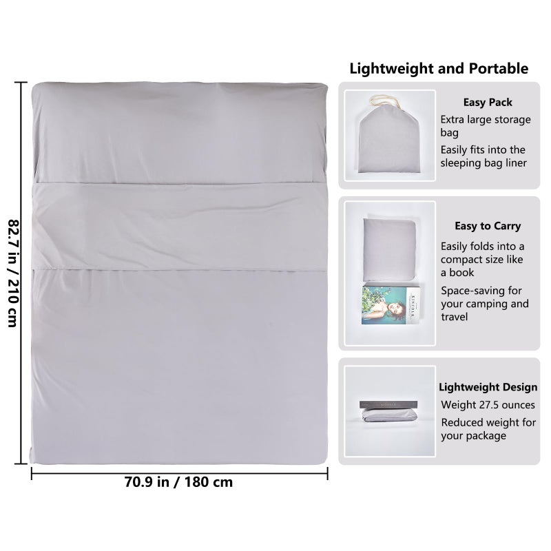 RHINSBENF Sleeping Bag Liner Camping Adult Sleep Sack Lightweight Travel Sheet for Hotel Bed Compact Ultralight Essential Cleaning Supplies Kit Travel Bedding Set for Backpacking (Gray & Double) - Image 2