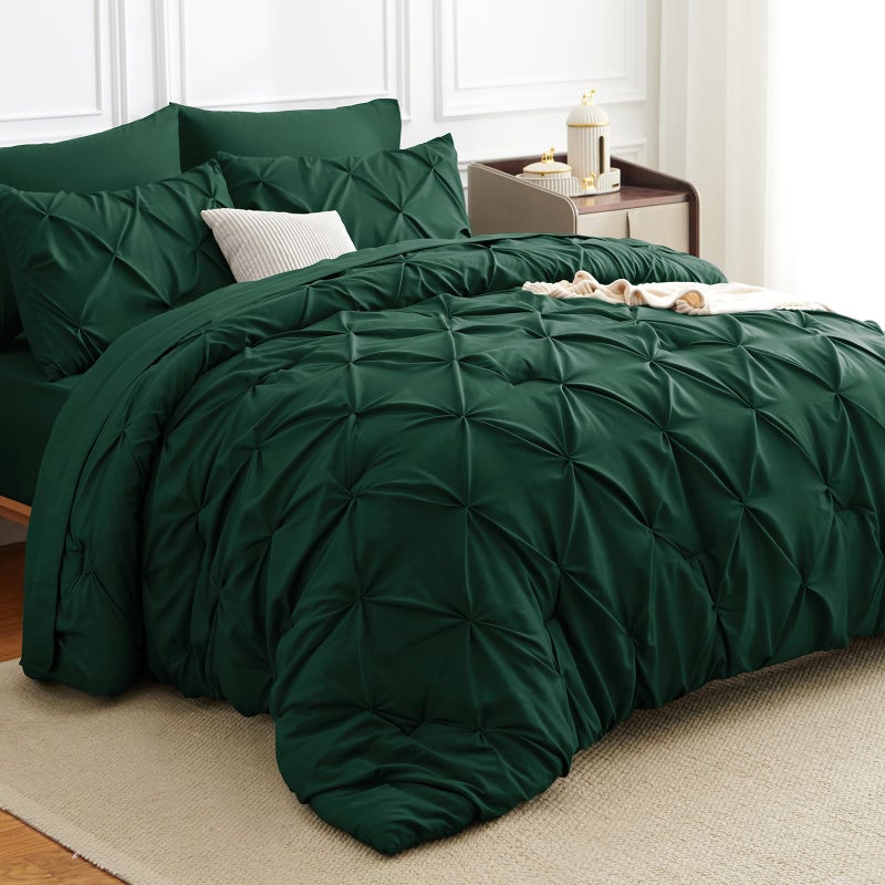 CozyLux California King Comforter Set Emerald Green - 7 Pieces Cal King Pintuck Bed in A Bag Gift for Family, Pinch Pleat Bedding Sets with All Season Comforter, Sheets, Pillowcases & Shams - Image 4