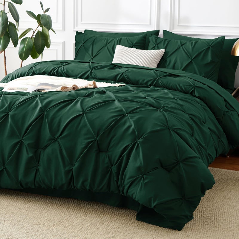 CozyLux California King Comforter Set Emerald Green - 7 Pieces Cal King Pintuck Bed in A Bag Gift for Family, Pinch Pleat Bedding Sets with All Season Comforter, Sheets, Pillowcases & Shams - Image 1