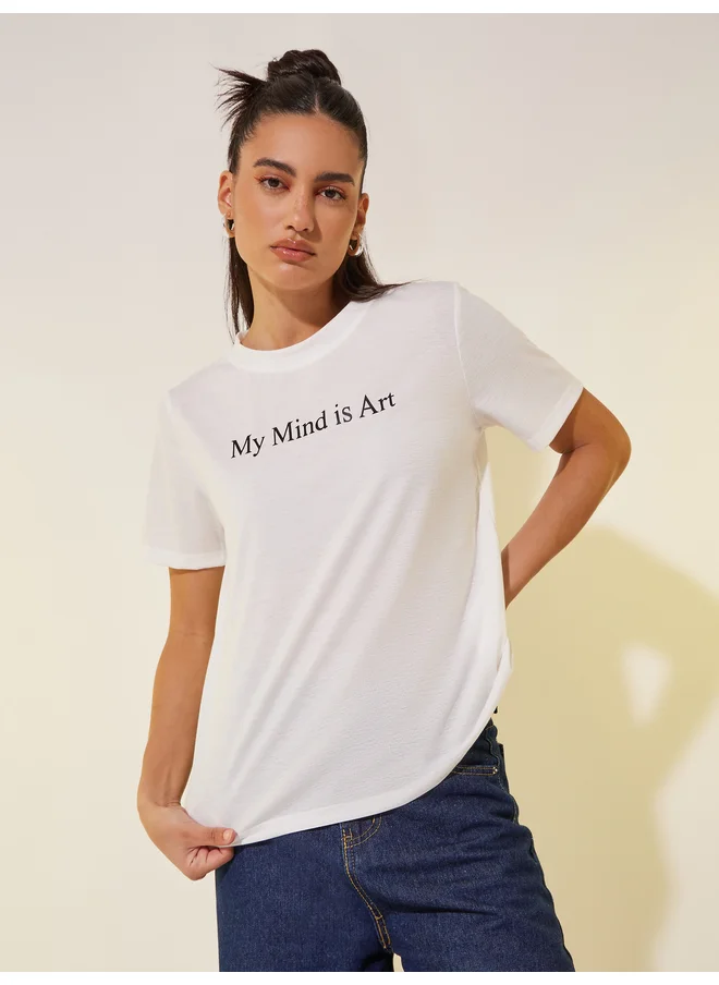 تايك تو Take Two Slogan Print Round Neck T-Shirt