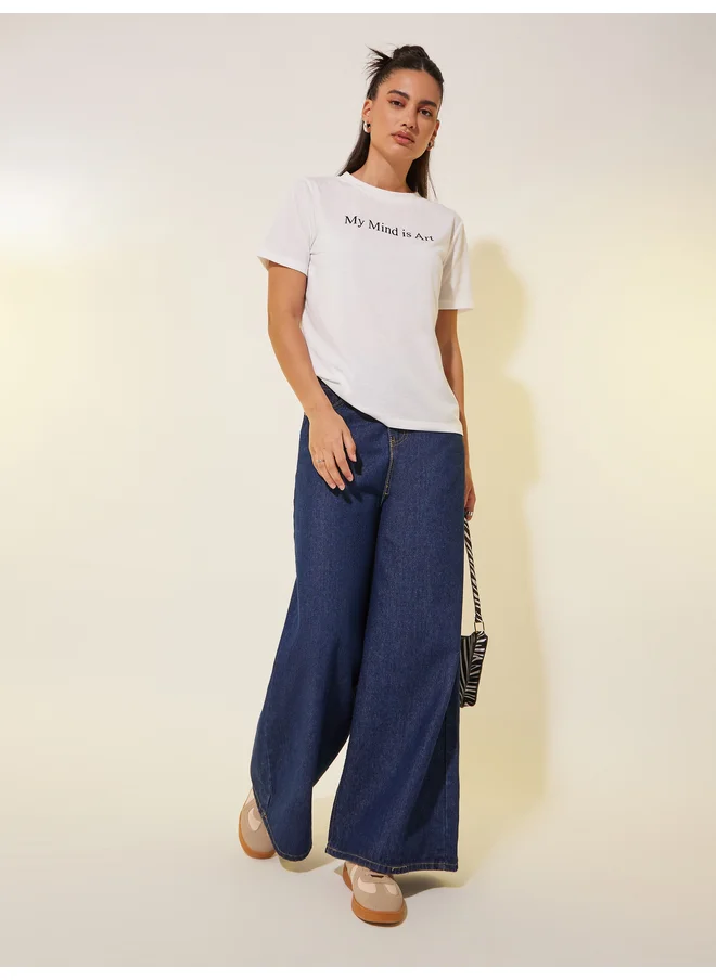 تايك تو Take Two Slogan Print Round Neck T-Shirt