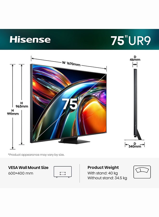 Hisense 75 Inch 4K RGB Mini LED Smart TV | VIDAA U9 | 120Hz | Frameless Design | 4.1.2 Dolby Atmos 90W | MT9655 Processor | 2025 | 2 Year Warranty | 75UR9S Black 75UR9S black - Image 2