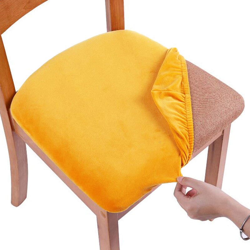 Smiry Velvet Seat Covers for Dining Room Chair Set of 2 Stretch Fit Removable Washable Chair Seat Cushion Protector Slipcovers with Ties Mustard Yellow