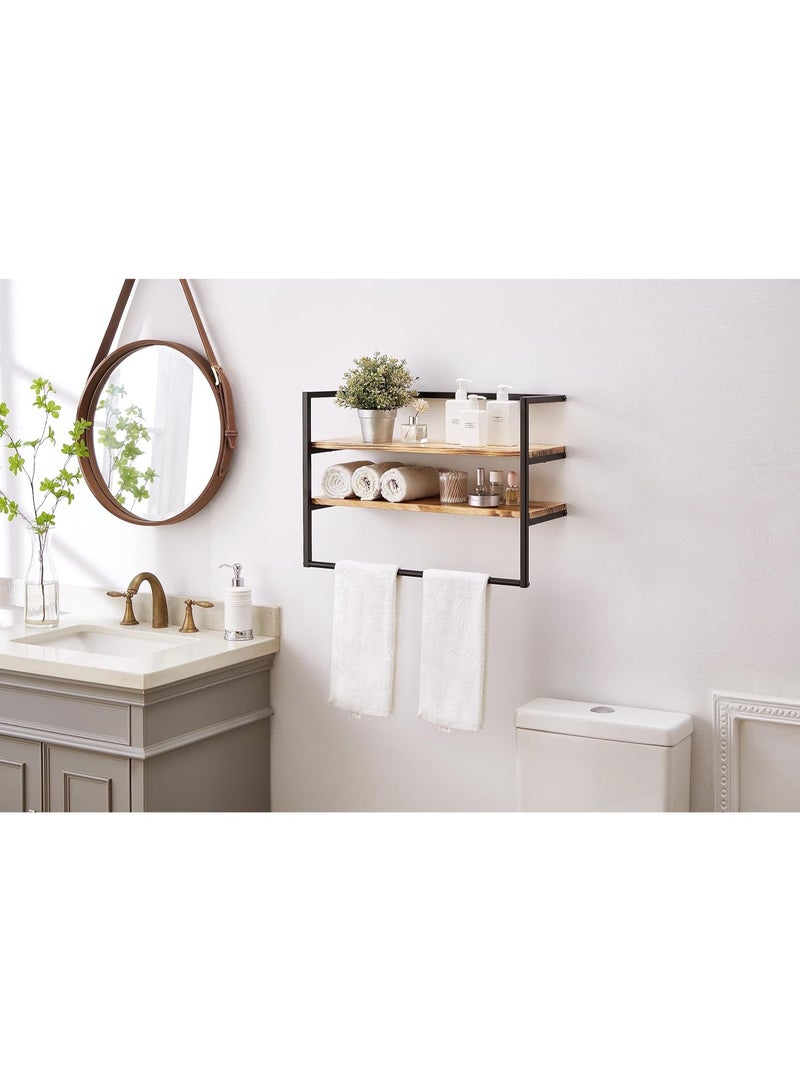Industrial 2-Tier Bathroom Wall Shelf with Towel Bar – Solid Wood Floating Shelves with Metal Frame, Waterproof Storage Rack for Towels & Toiletries, Wall Mounted Over Toilet Organizer, Matte Black - Image 4