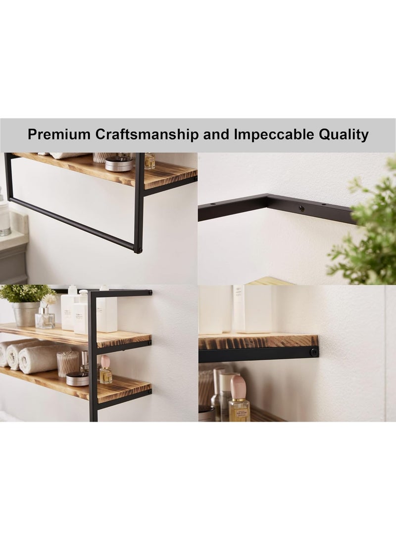 Industrial 2-Tier Bathroom Wall Shelf with Towel Bar – Solid Wood Floating Shelves with Metal Frame, Waterproof Storage Rack for Towels & Toiletries, Wall Mounted Over Toilet Organizer, Matte Black - Image 1
