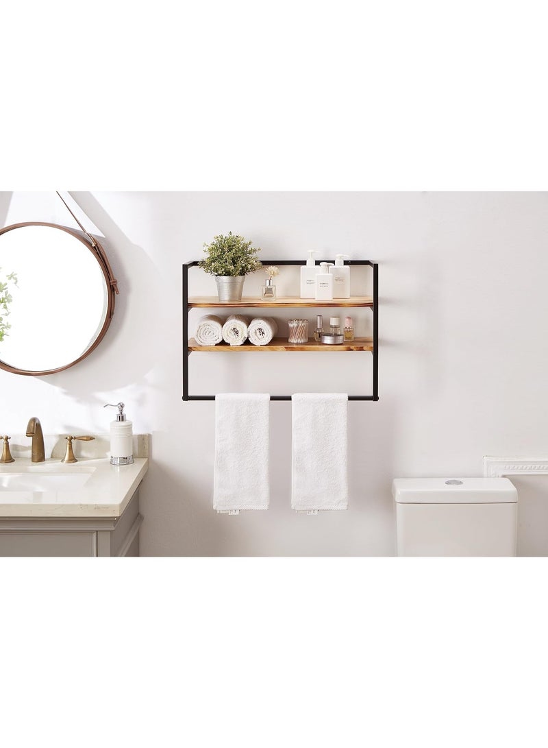 Industrial 2-Tier Bathroom Wall Shelf with Towel Bar – Solid Wood Floating Shelves with Metal Frame, Waterproof Storage Rack for Towels & Toiletries, Wall Mounted Over Toilet Organizer, Matte Black - Image 2