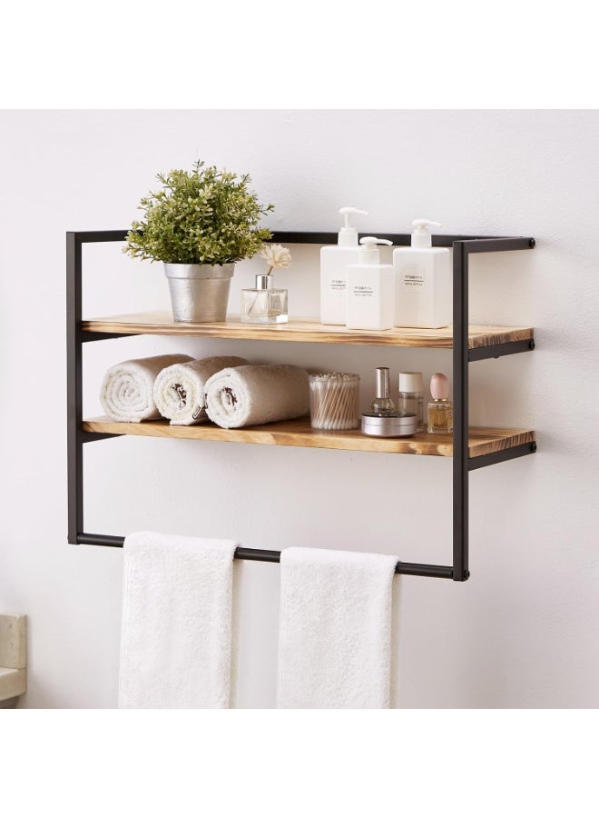 Industrial 2-Tier Bathroom Wall Shelf with Towel Bar – Solid Wood Floating Shelves with Metal Frame, Waterproof Storage Rack for Towels & Toiletries, Wall Mounted Over Toilet Organizer, Matte Black - Image 5