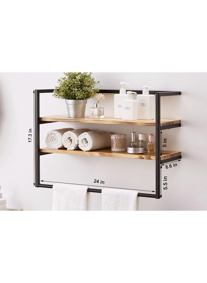 Industrial 2-Tier Bathroom Wall Shelf with Towel Bar – Solid Wood Floating Shelves with Metal Frame, Waterproof Storage Rack for Towels & Toiletries, Wall Mounted Over Toilet Organizer, Matte Black - Image 3